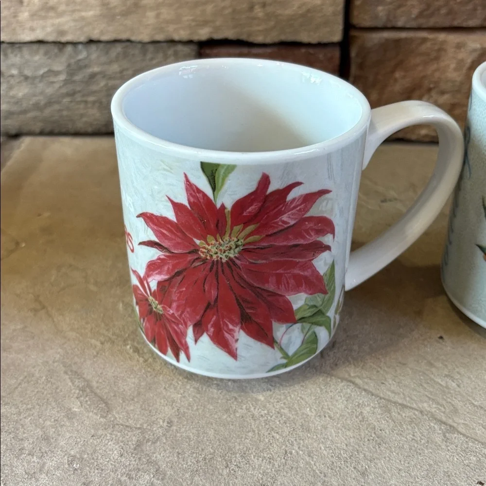 Pottery Barn ceramic holiday mugs with Holly and poinsettias
